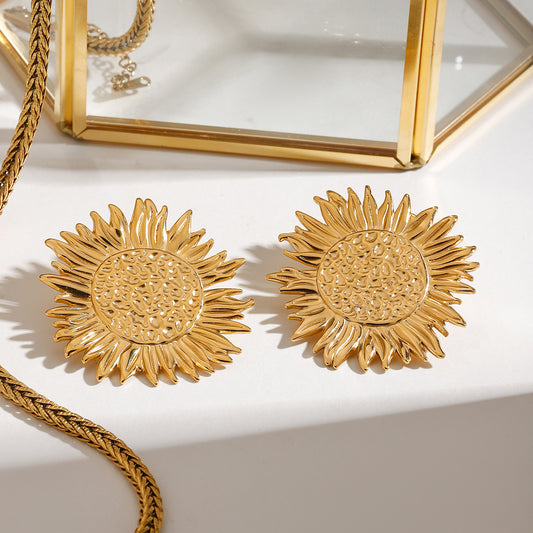 18K Gold Sunflower Statement Stud Earrings
