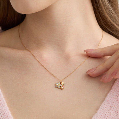18K Gold Enchanted Garden Pave Dragonfly Ladybug Flower Dainty Pendant Necklace