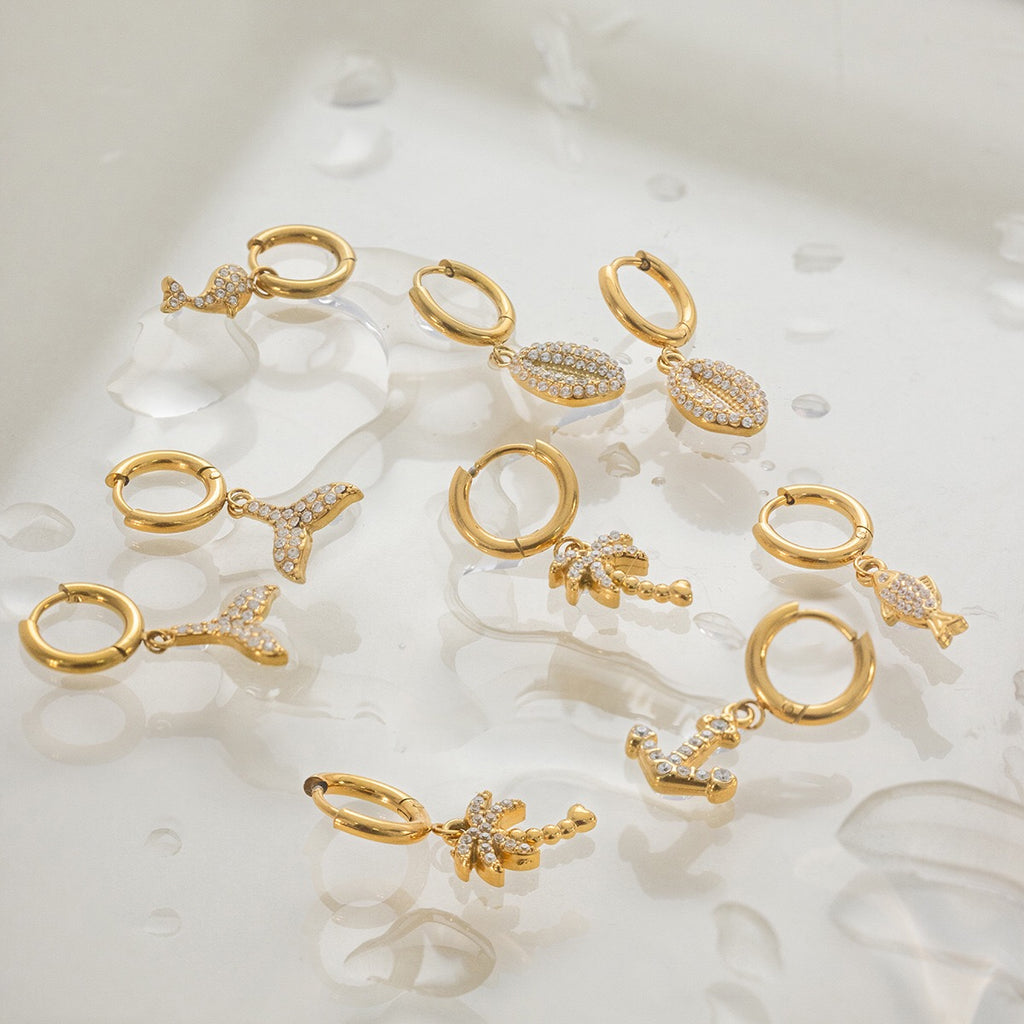 18K Gold Ocean Sparkle Seashell Palm Tree Small Hoop Huggie Earrings with Charm