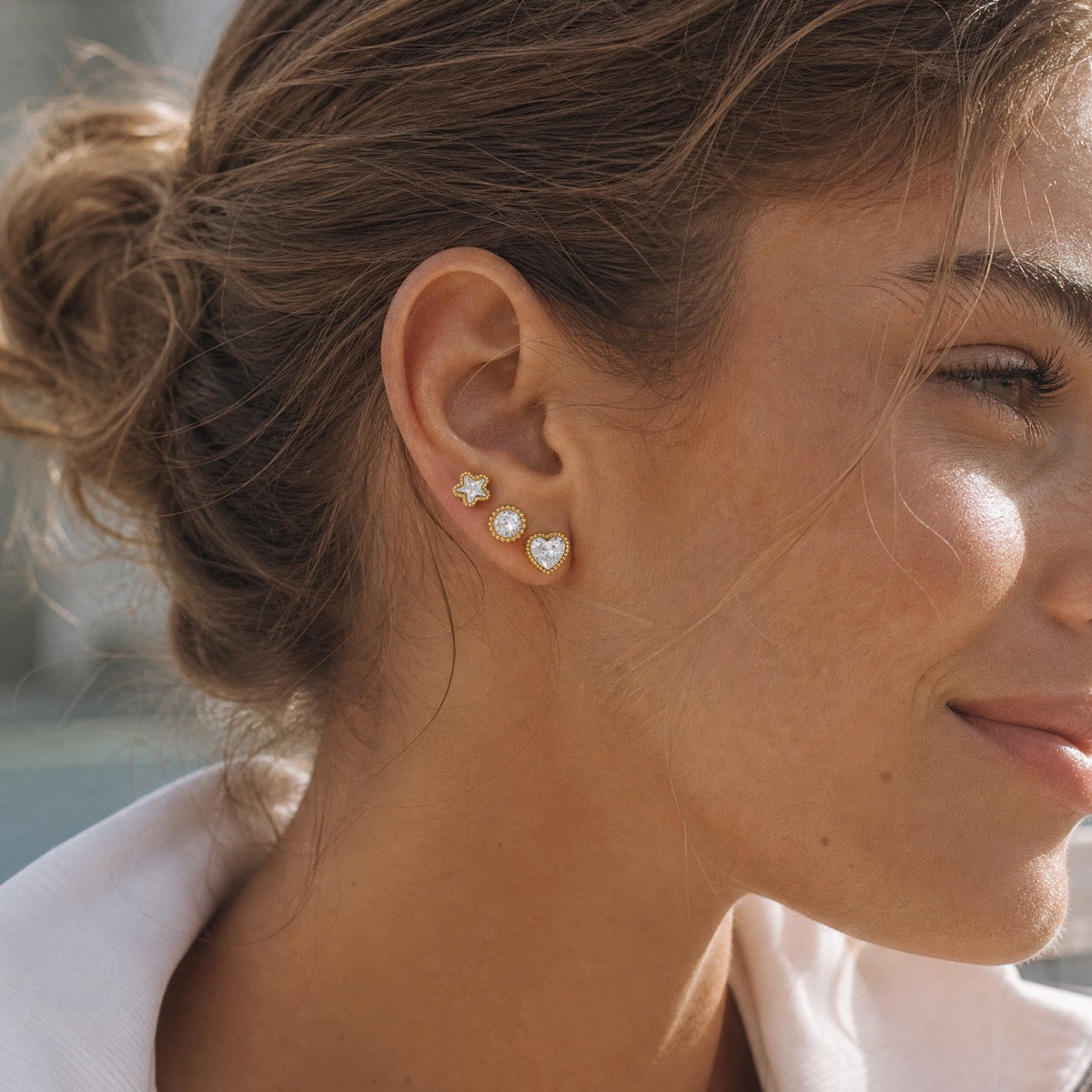 18K GoldLucky Charms Star Heart Flat Back Stud Nap Earrings Set