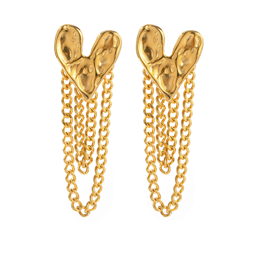 18K Gold Hear Chain Drop Dangle Earrings