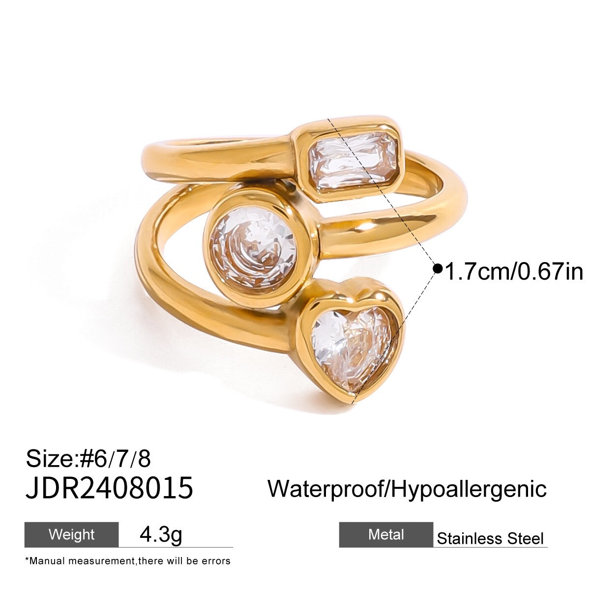 18K Gold Luxury Trio Heart Statement Ring