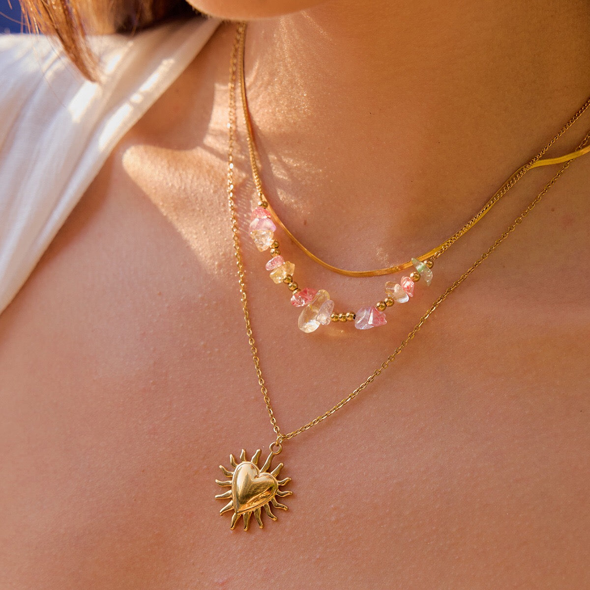 18K Gold Heart Pendant Gemstone Beaded Herringbone Snake Chain Layered Necklace Set
