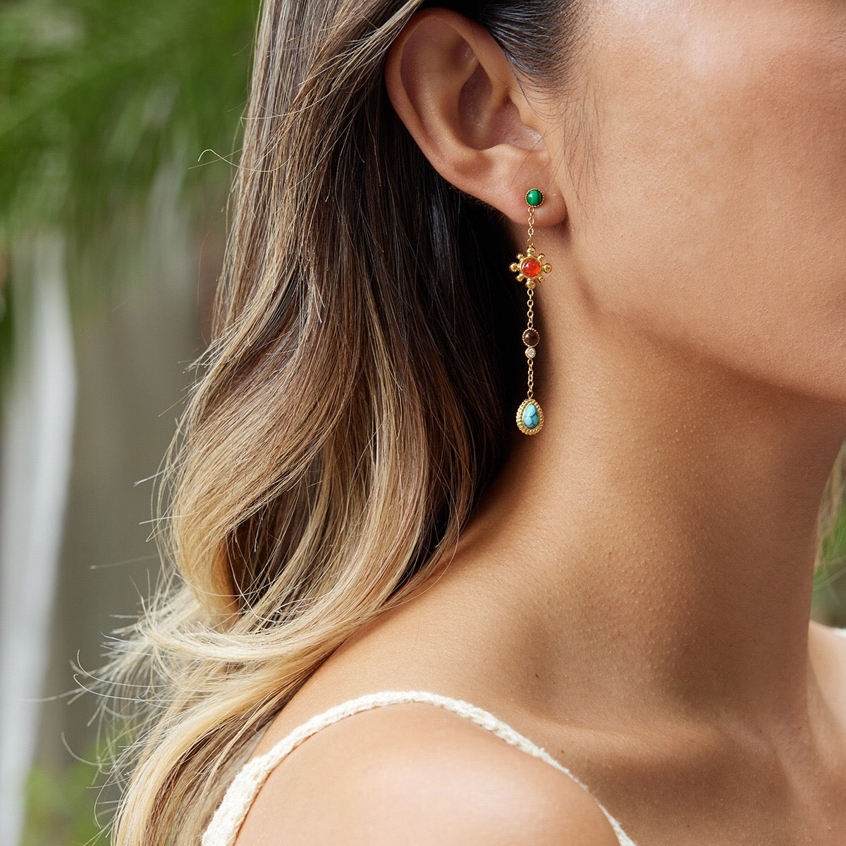 18K Gold Turquoise Gemstone Lure Stud Drop Earrings