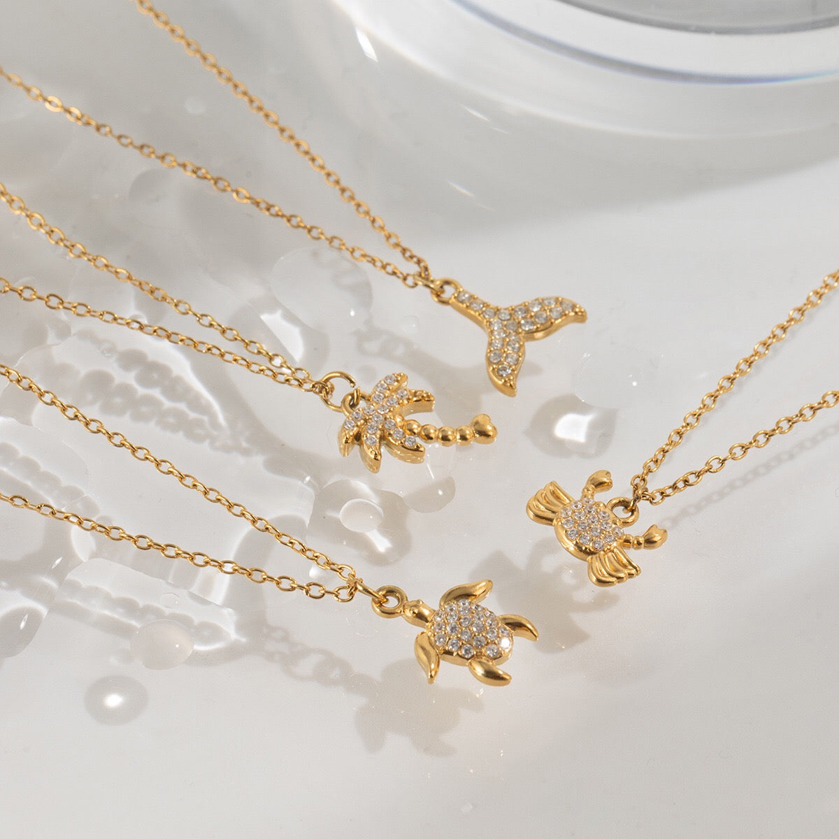 18K Gold Ocean Sparkle Seashell Palm Tree Dainty Pave Pendant Necklace Jewelry Set