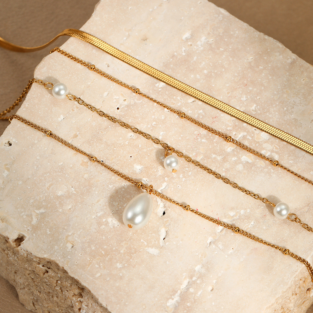 18K Gold Pearl Pendant Herringbone Chain Layered Necklace Set