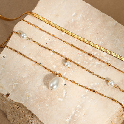 18K Gold Pearl Pendant Herringbone Chain Layered Necklace Set
