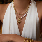 18K Gold Chunky Pearl Beaded Heart Pendant Circle Chain Layered Necklace Set