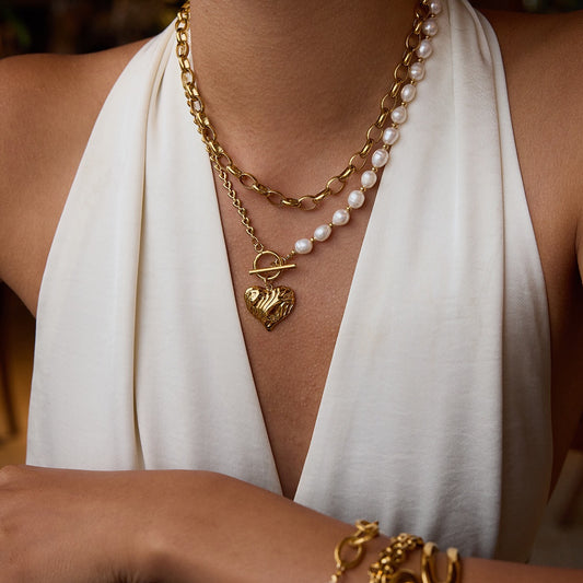 18K Gold Chunky Pearl Beaded Heart Pendant Circle Chain Layered Necklace Set