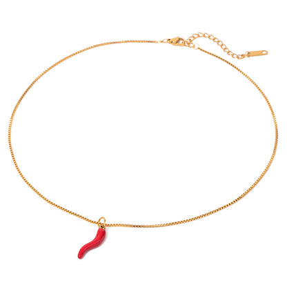 18K Gold Red Italian Horn Pendant Necklace