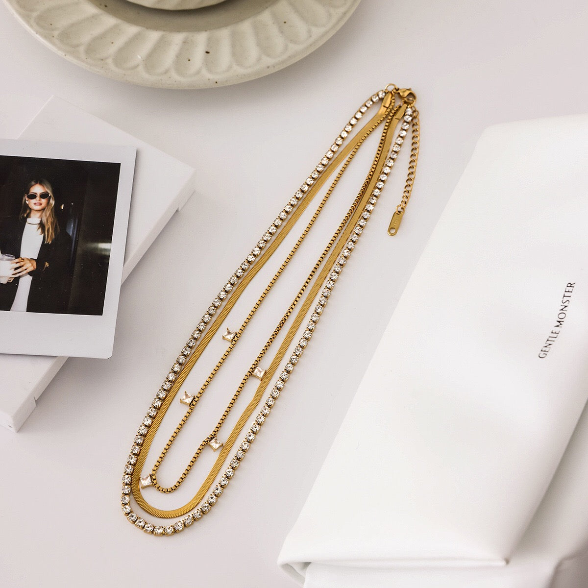 18K Gold Lavish Tennis Herringbone Snake Chain Dainty Layered Necklace Set