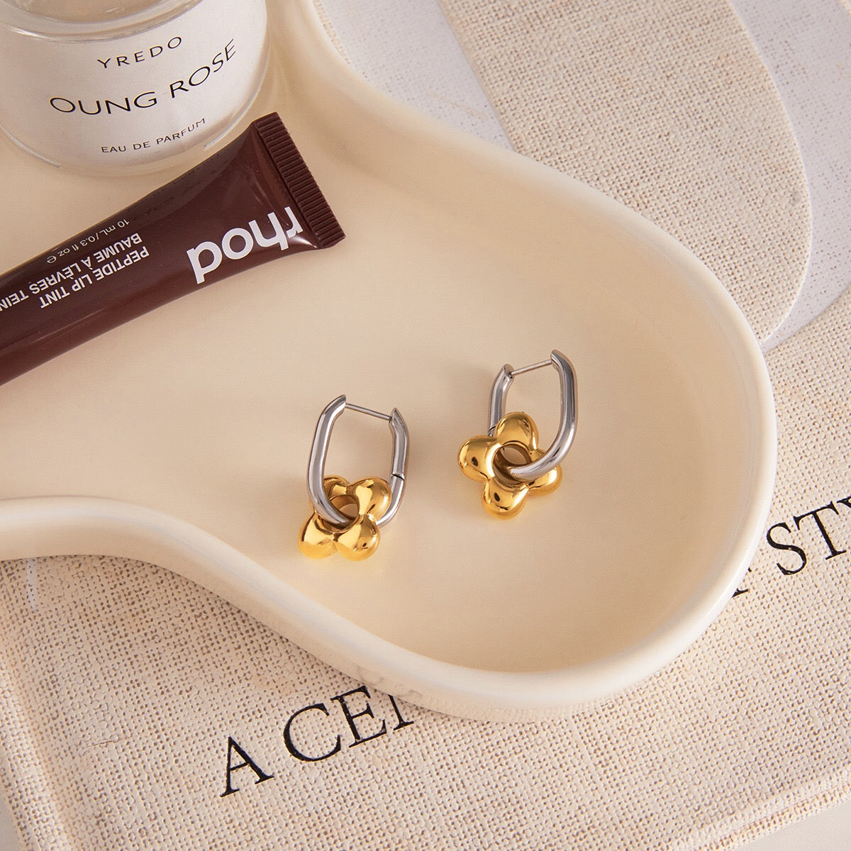 18K Gold and Silver Two Tone Flower Small Hoop Dangle Huggie Earrings