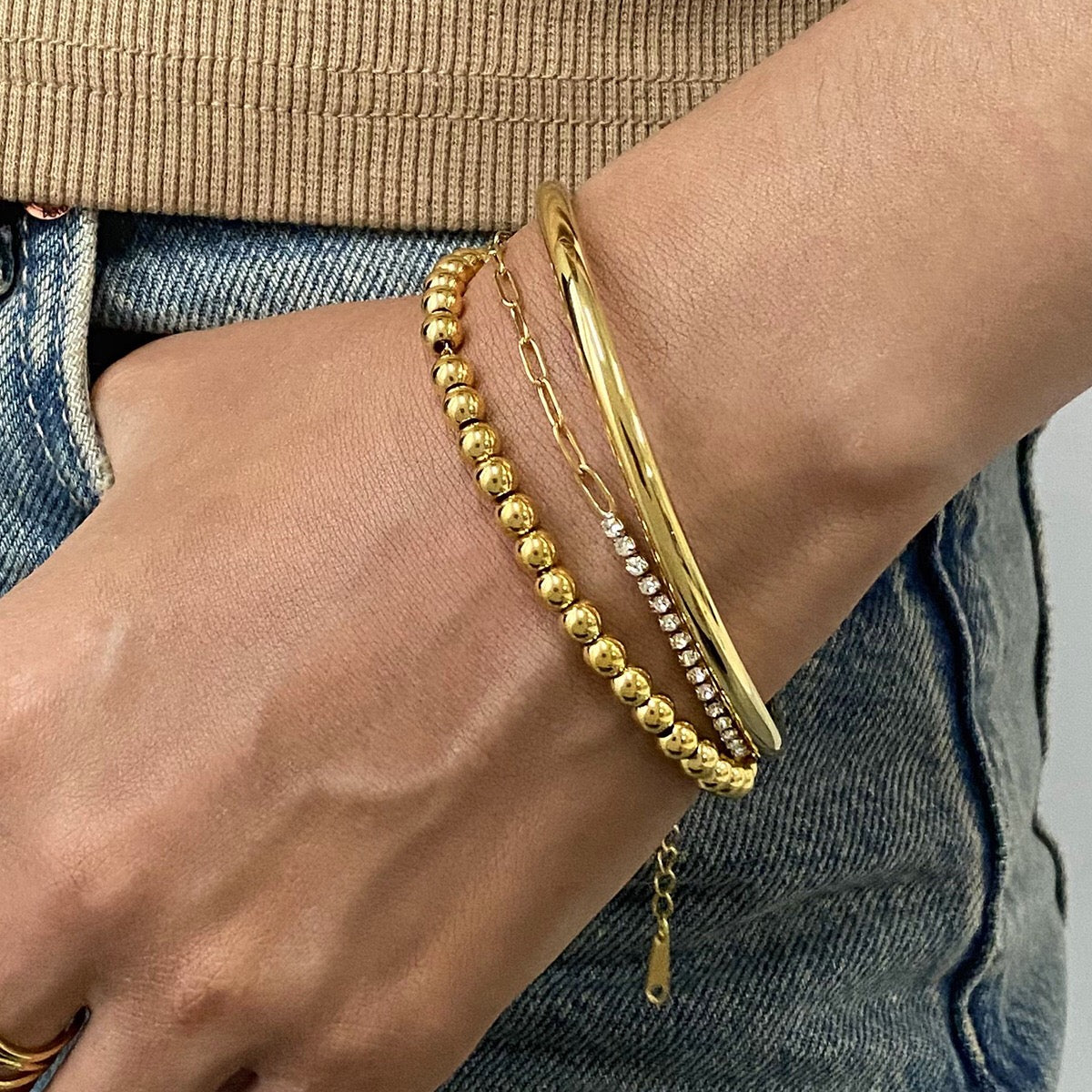18K Gold The Fine Edit Beaded Chain Tennis Cuff Bangle Bracelet Stack