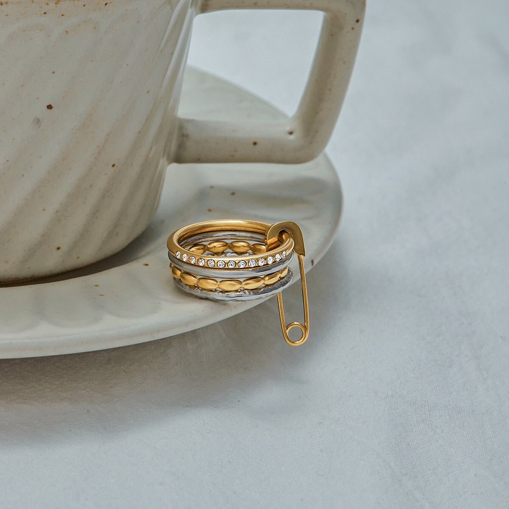 18K Gold and Silver Two Tone Safety Pin Spinelli Connected Multi Layers Stacking Ring