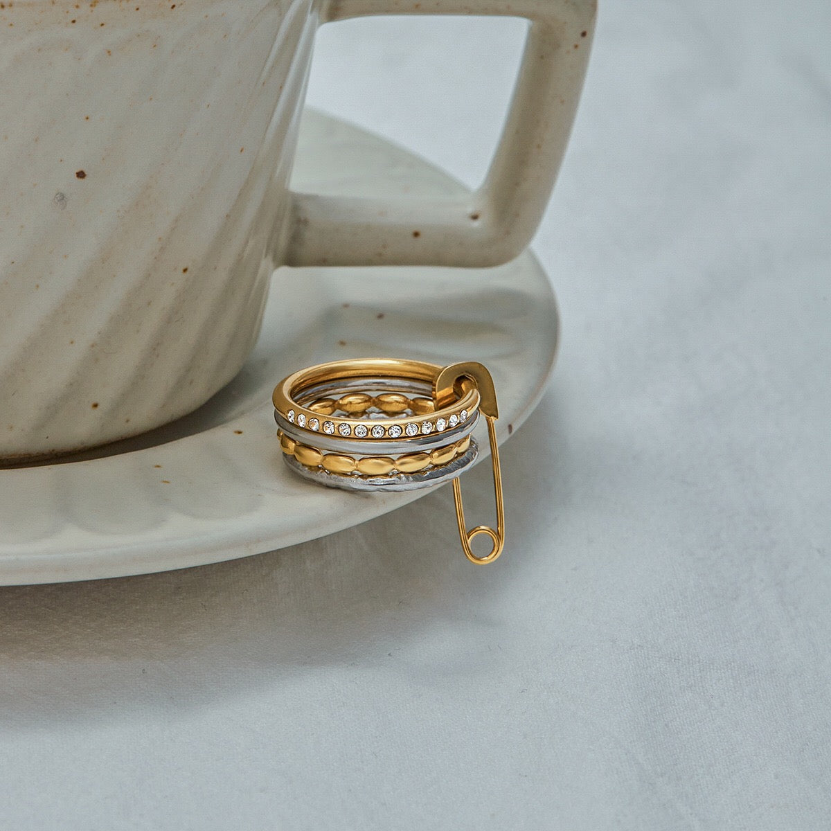18K Gold and Silver Two Tone Safety Pin Spinelli Connected Multi Layers Stacking Ring