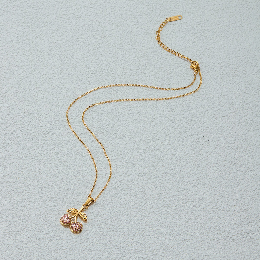 18K Gold Pink Cherry Pendant Herringbone Chain Layered Necklace Set