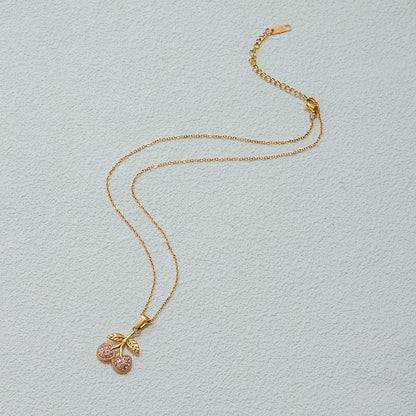 18K Gold Pink Cherry Pendant Herringbone Chain Layered Necklace Set