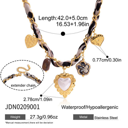 18K Gold Cinnamon Kiss Pearl Heart Ribbon Chain Charm Necklace