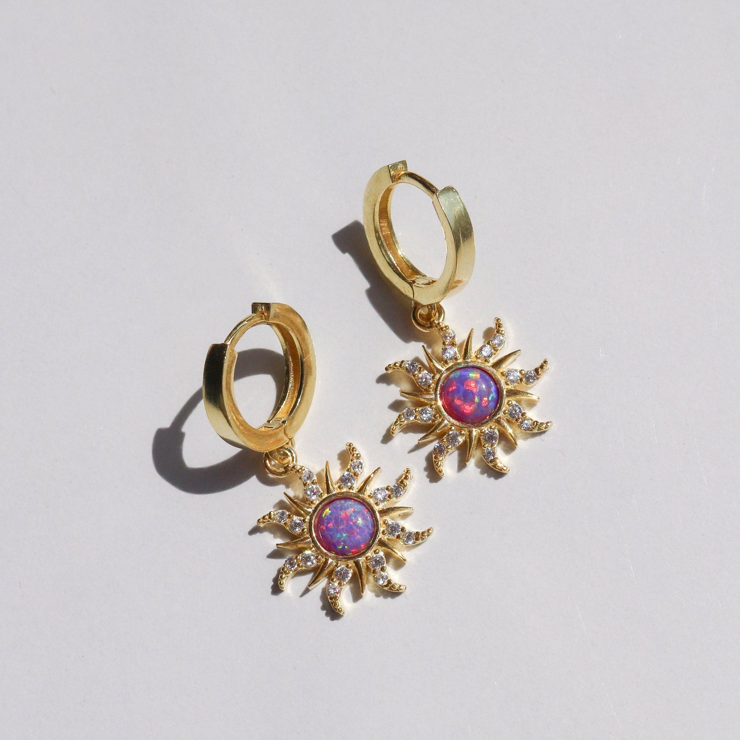 18K Gold Purple Sun Opal Huggie Earrings