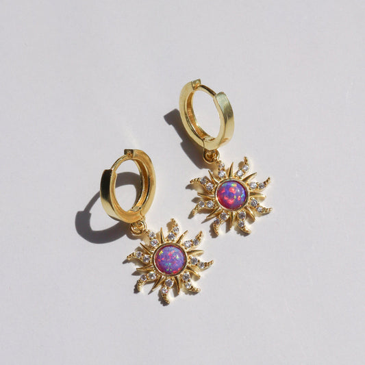 18K Gold Purple Sun Opal Huggie Earrings