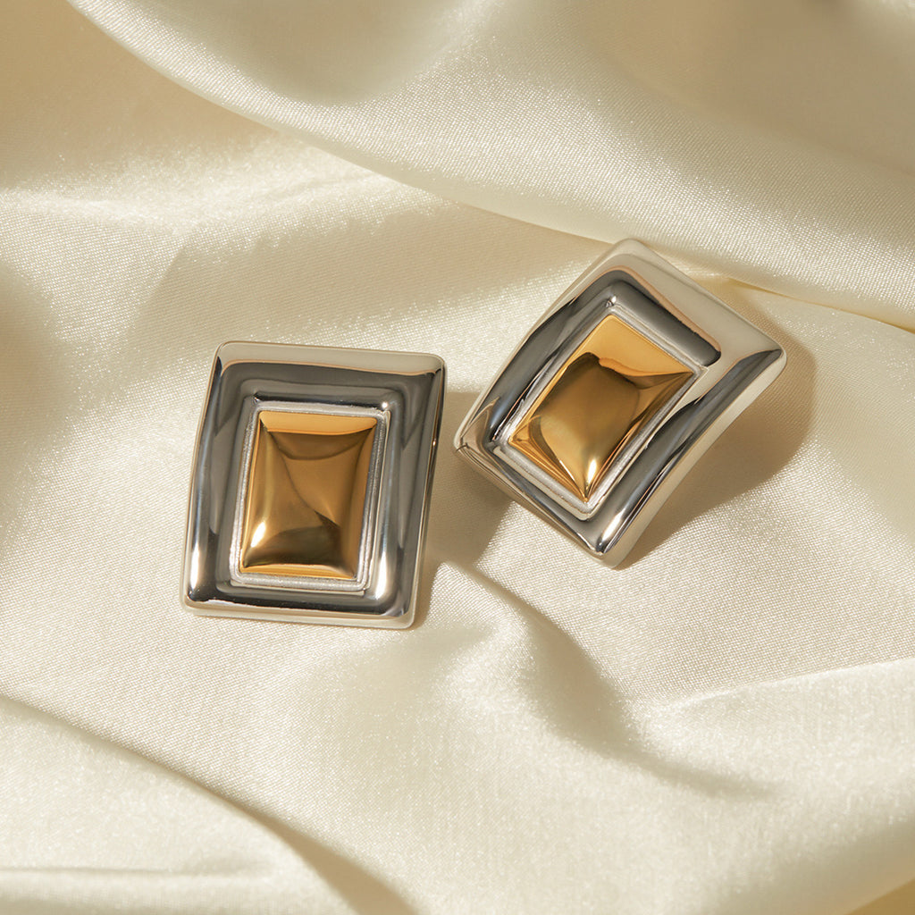 18K Gold Two Tone Plate Statement Stud Earrings