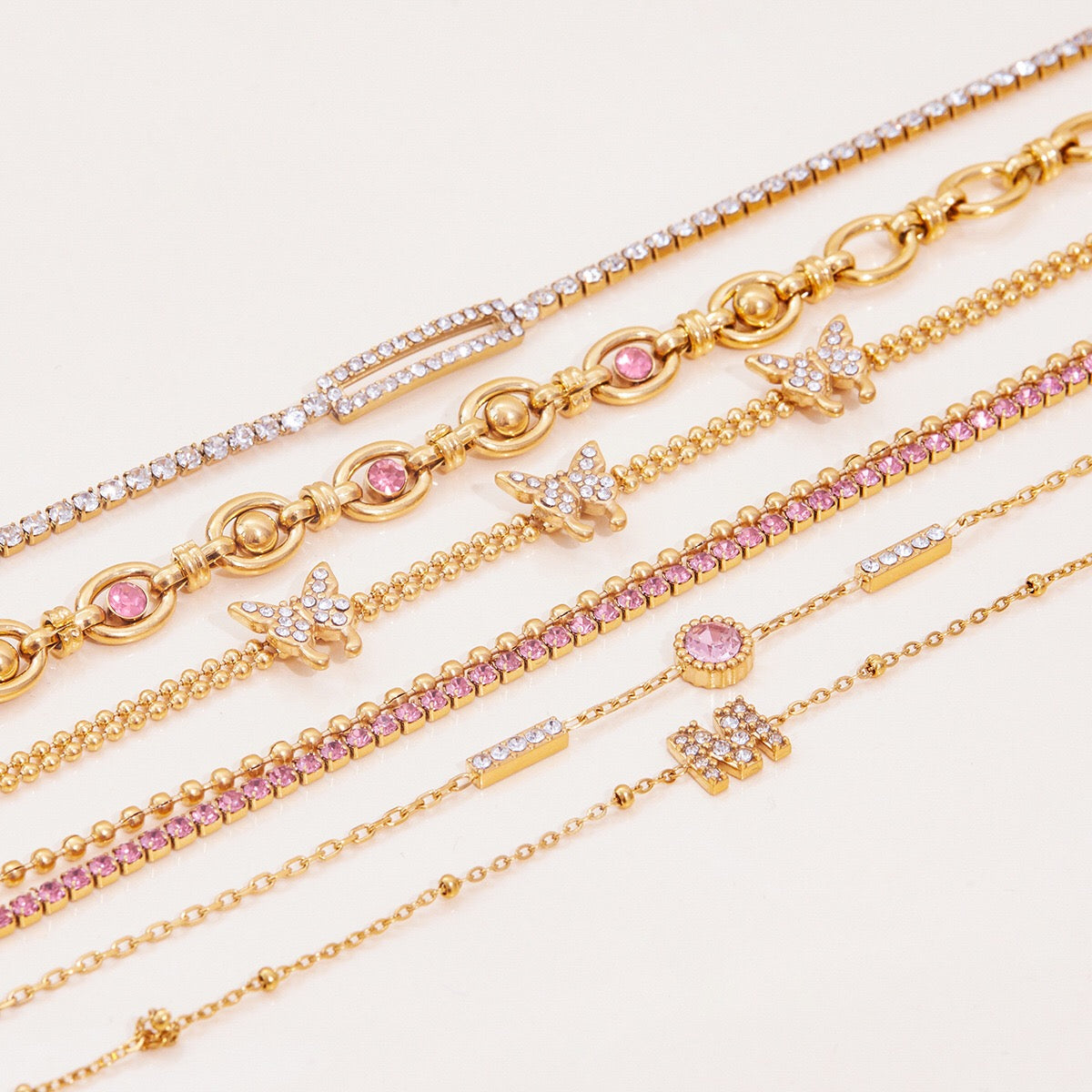 18K Gold Luxury Pink Butterfly Dainty Tennis Chain Bracelet Stack