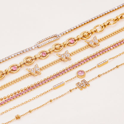 18K Gold Luxury Pink Butterfly Dainty Tennis Chain Bracelet Stack