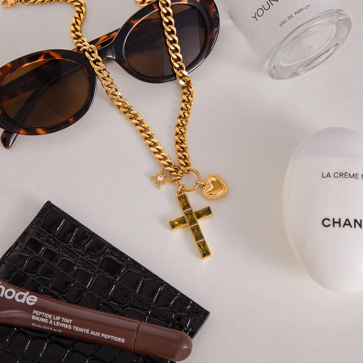 18K Gold Faith Divine Cross Heart Starburst Charm Cuban Link Chain Necklace