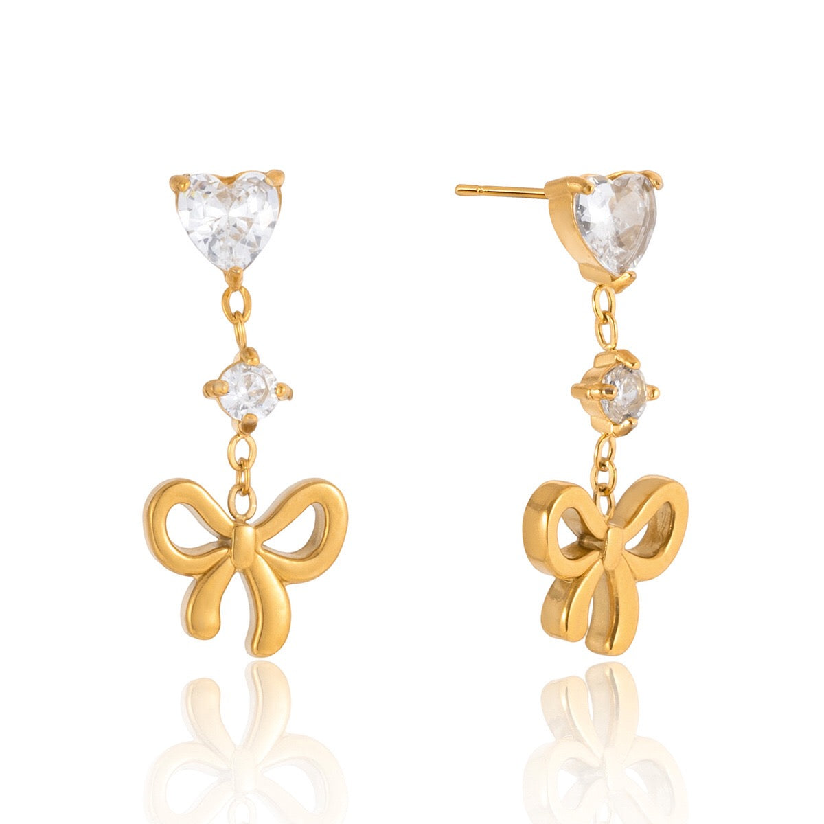 18K Gold Little Bow Charm Dangle Stud Earrings