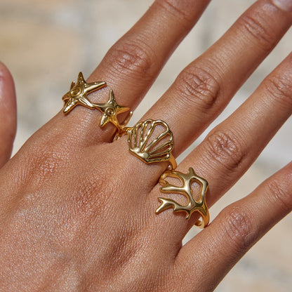 18K Gold Coastal Life Seashel Coral Starfish Ring Sets