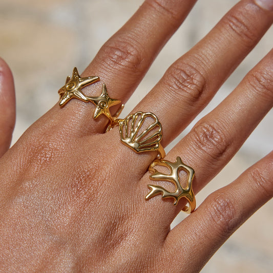 18K Gold Coastal Life Seashel Coral Starfish Ring Sets