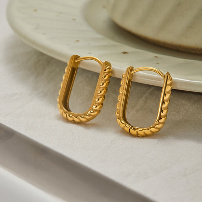 18K Gold Bare Ribbed Rectangle Huggie Earrings Cartilage Hoops Stack