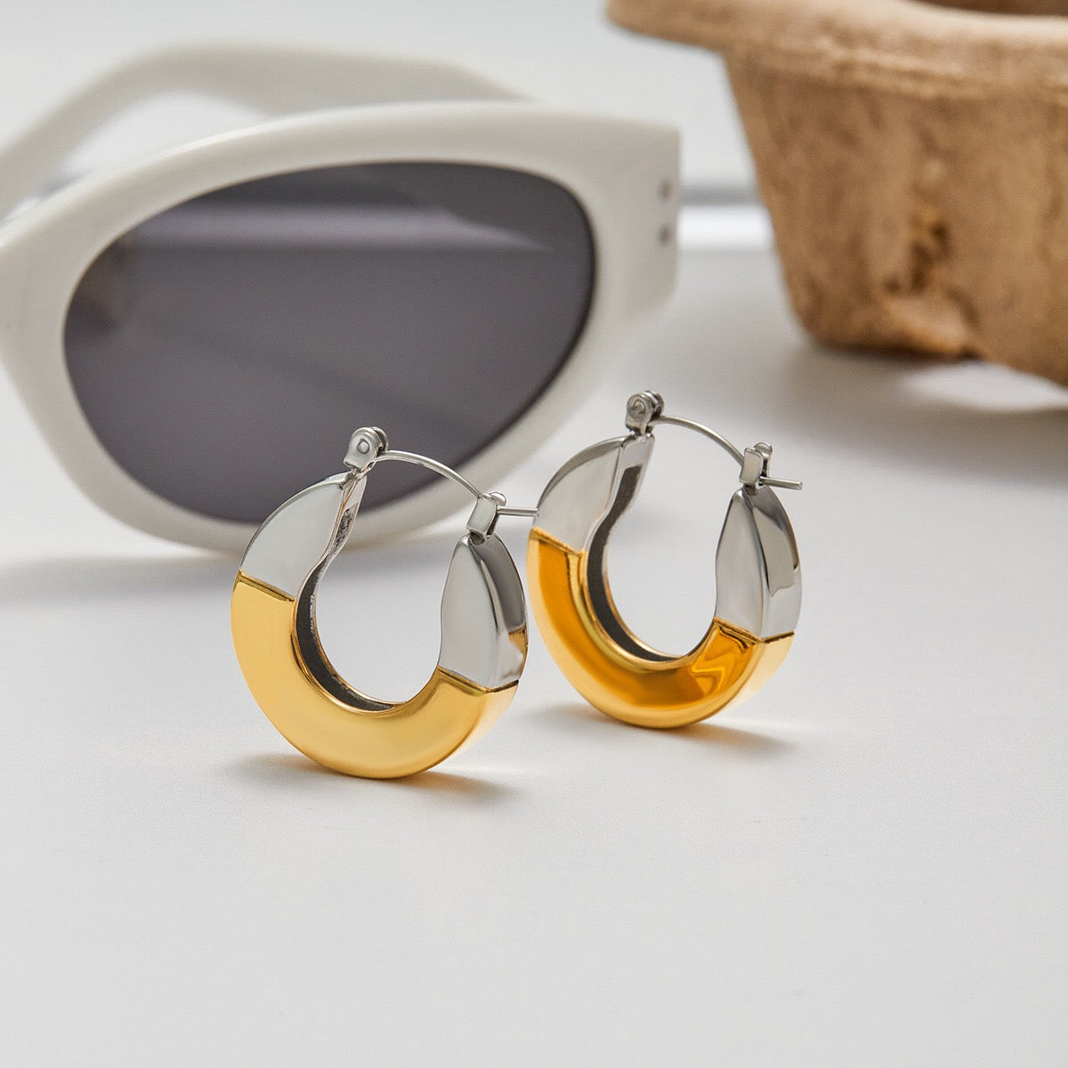 18K Gold and Silver Two Tone Duality Statement Hoop Earrings