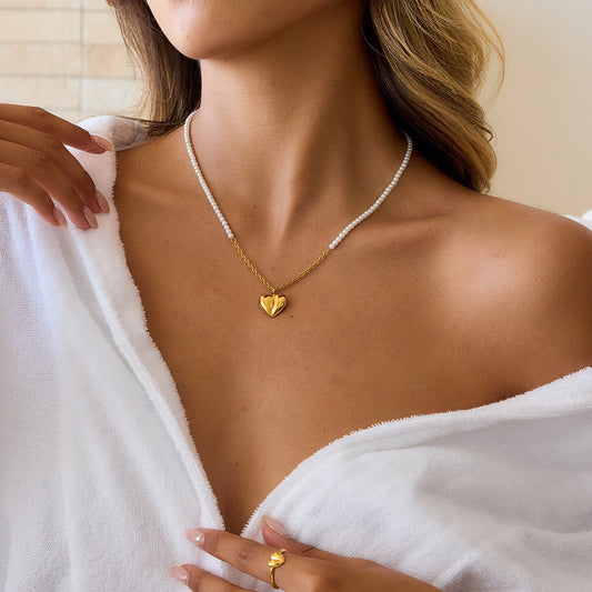 18K Gold Pearl Amour Heart Pendant Beaded Chain Necklace