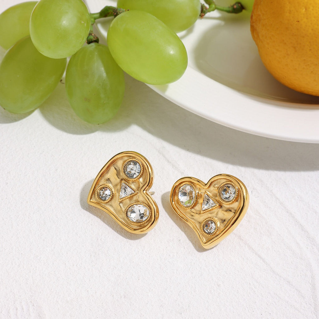 18K Gold Bold Heart CZ Statement Stud Earrings