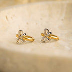 18K Gold and Silver Two Tone Bow Small Hoop Huggie Earrings