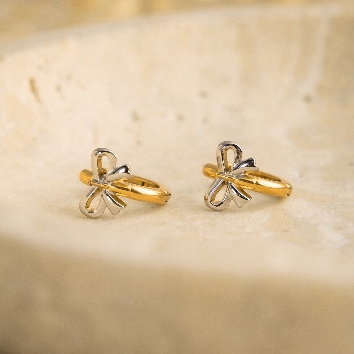 18K Gold and Silver Two Tone Bow Small Hoop Huggie Earrings