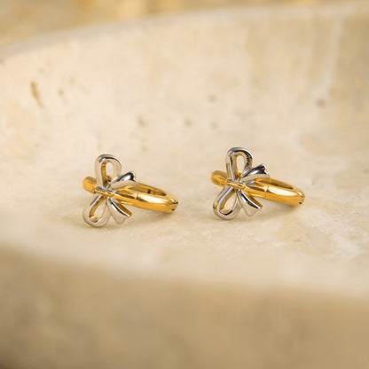 18K Gold and Silver Two Tone Bow Small Hoop Huggie Earrings