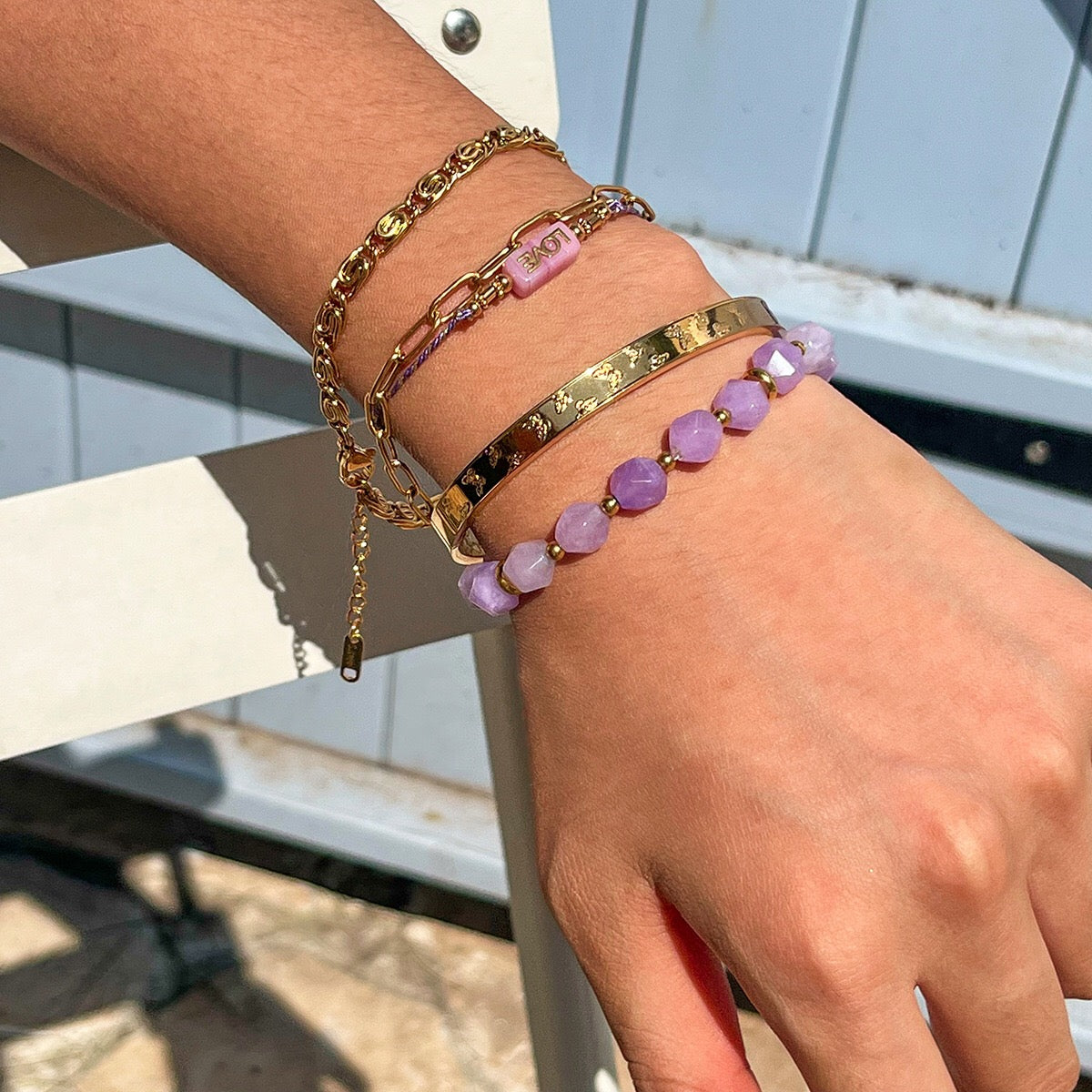 18K Gold Purple Dream Beaded Chain Butterfly Bangle Bracelet Stack