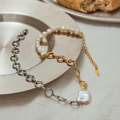 18K Gold Two Tone Chunky Beaded Pearl Paperclip Chain Layered Necklace Set