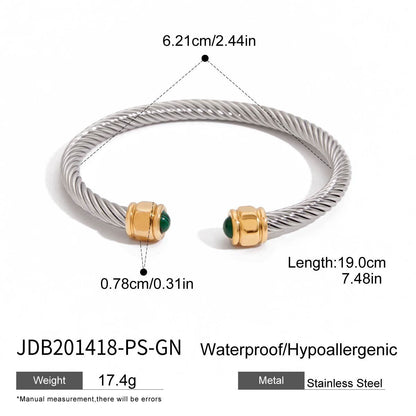 18K Gold Natural Stone Twisted Ribbed Cuff Bangle Bracelet