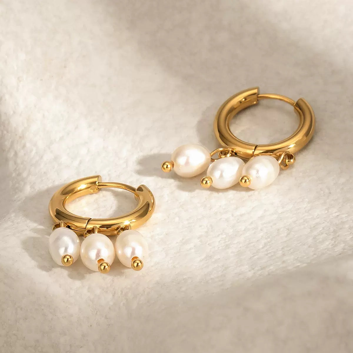 18K Gold Dangle Pearl Huggie Earrings