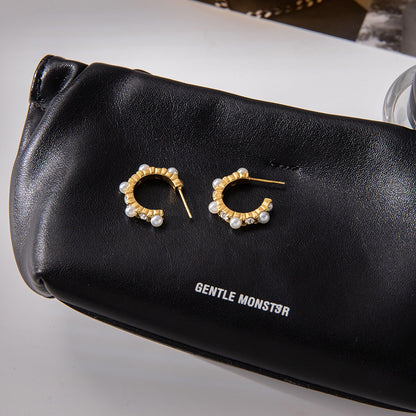 18K Gold Bling Pearl Small Hoop Huggie Earrings