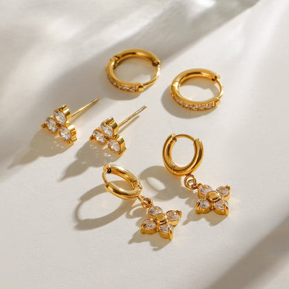 18K Gold Four Leaf Clover Dainty Flower CZ Huggie Earrings Ear Studs Set