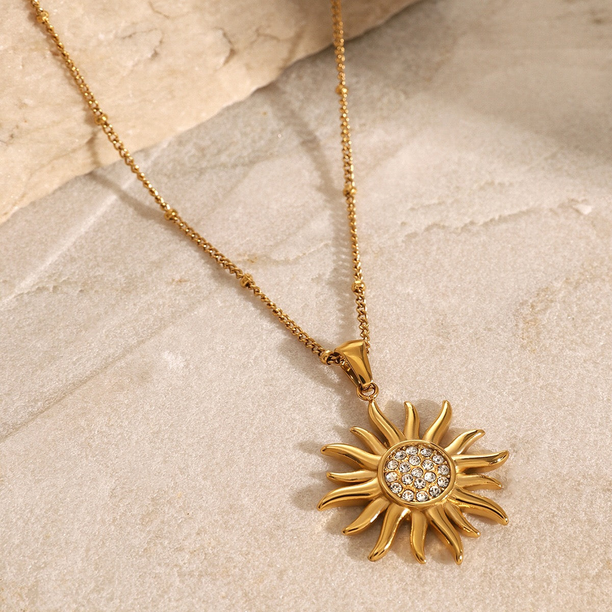 18K Gold Bling Sunflower CZ Pendant Necklace