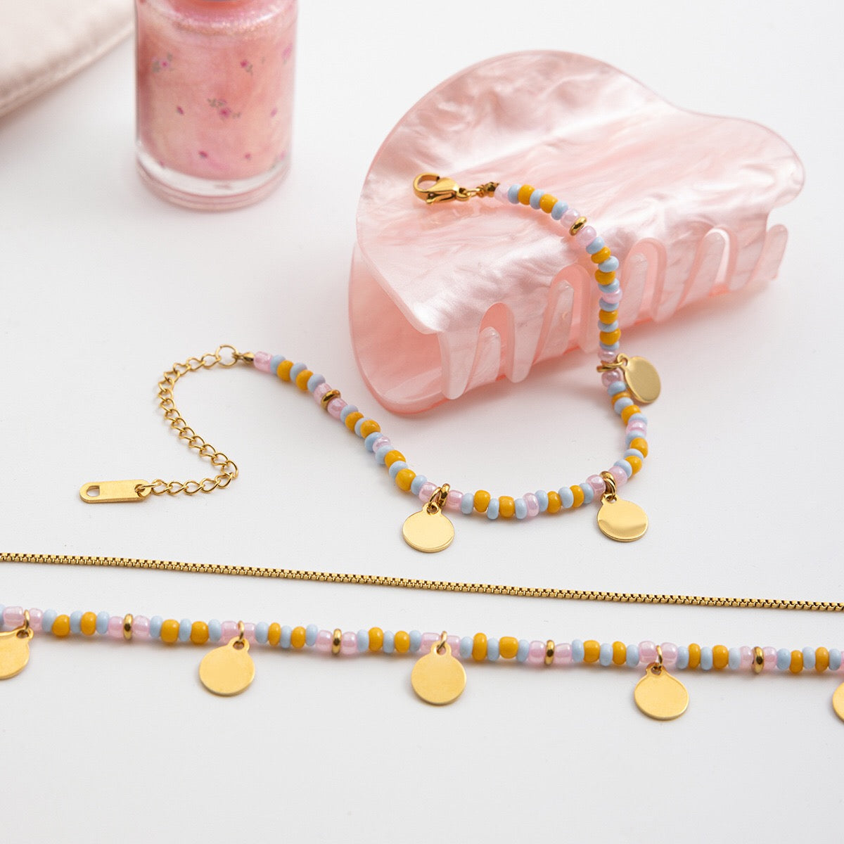 18K Gold Pastel Color Beaded Box Chain Layered Necklace Set