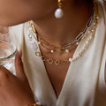 18K Gold Two Tone Chunky Beaded Pearl Paperclip Chain Layered Necklace Set