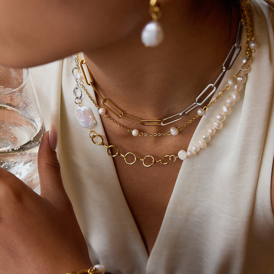 18K Gold Two Tone Chunky Beaded Pearl Paperclip Chain Layered Necklace Set