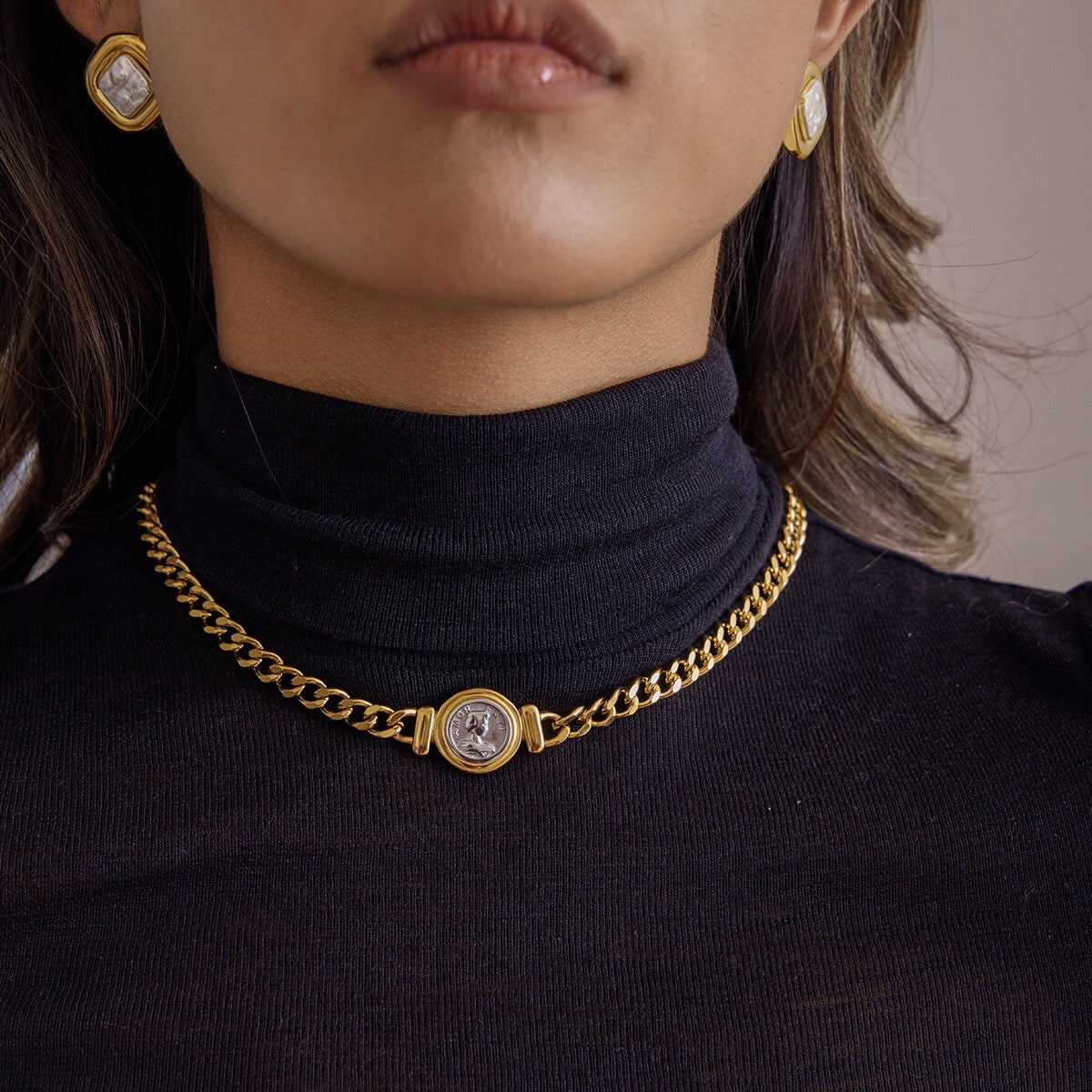 18K Gold and Silver Two Tone Coin Curb Chain Statement Choker Necklace