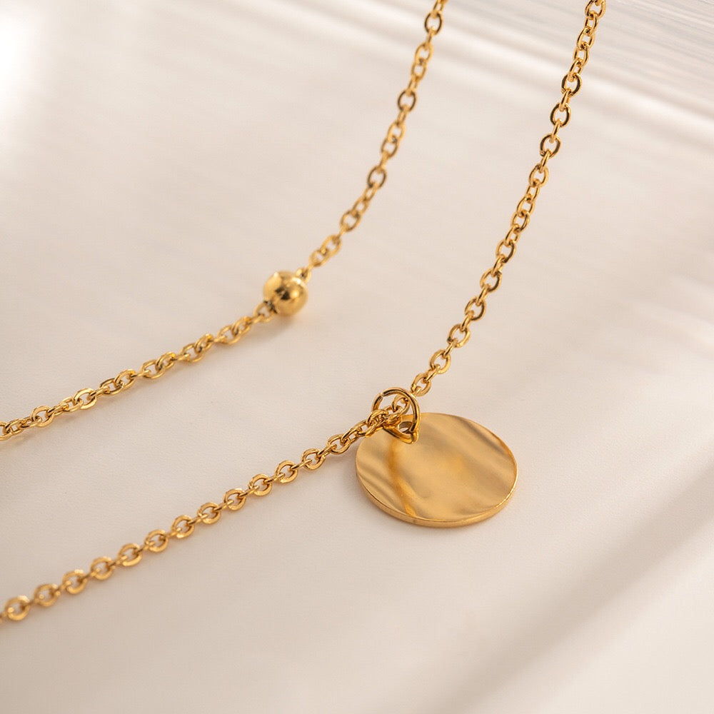 18K Gold Quiet Desire Disc Pendant Dainty Double Chain Layered Necklace
